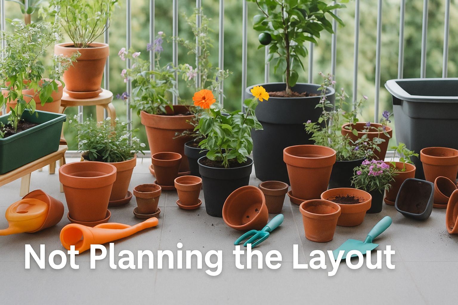 Unorganized balcony garden with scattered pots and tools showing mistake of not planning the layout – Urban Plant